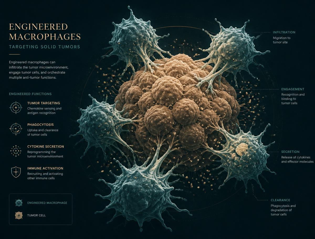 Illustration of engineered immune cells attacking a solid tumor cluster